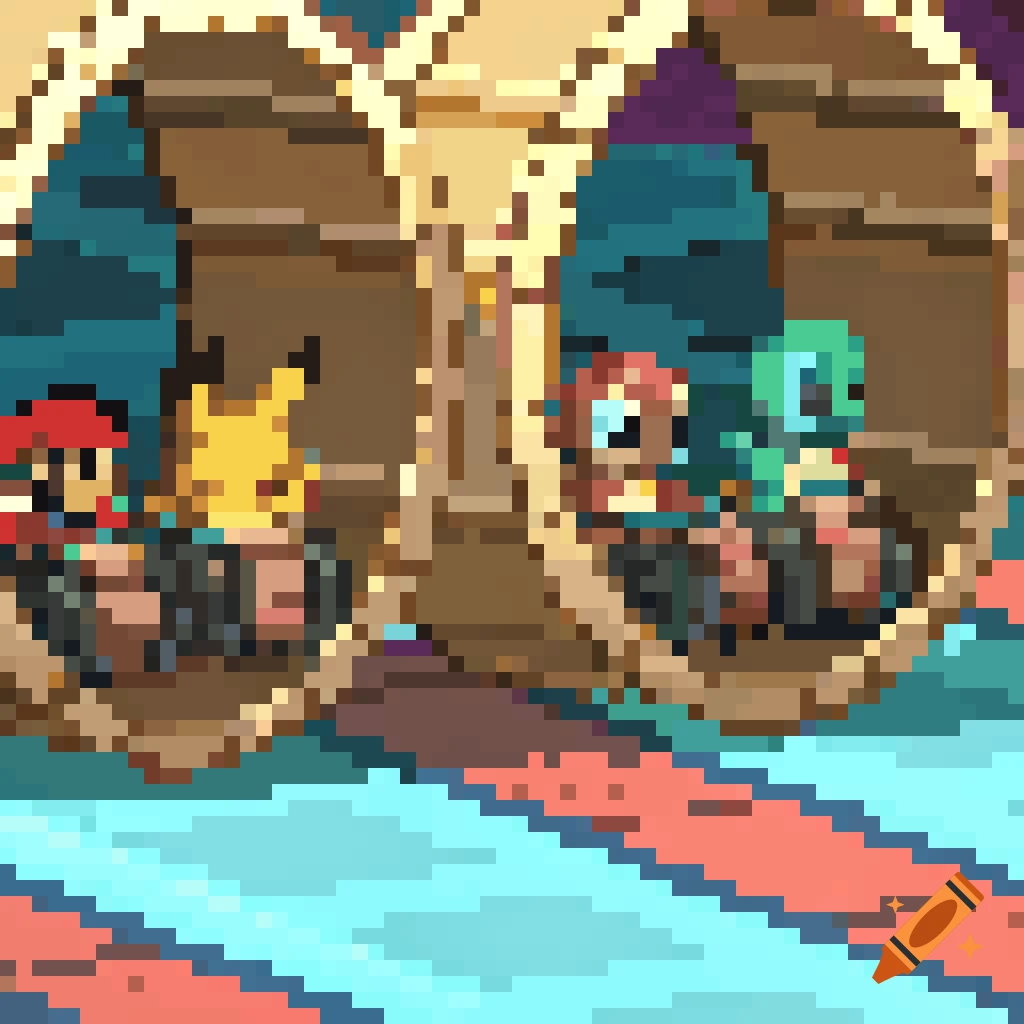 Pixel art of cartoon characters like Mario, Pikachu, and Stitch racing go-karts.