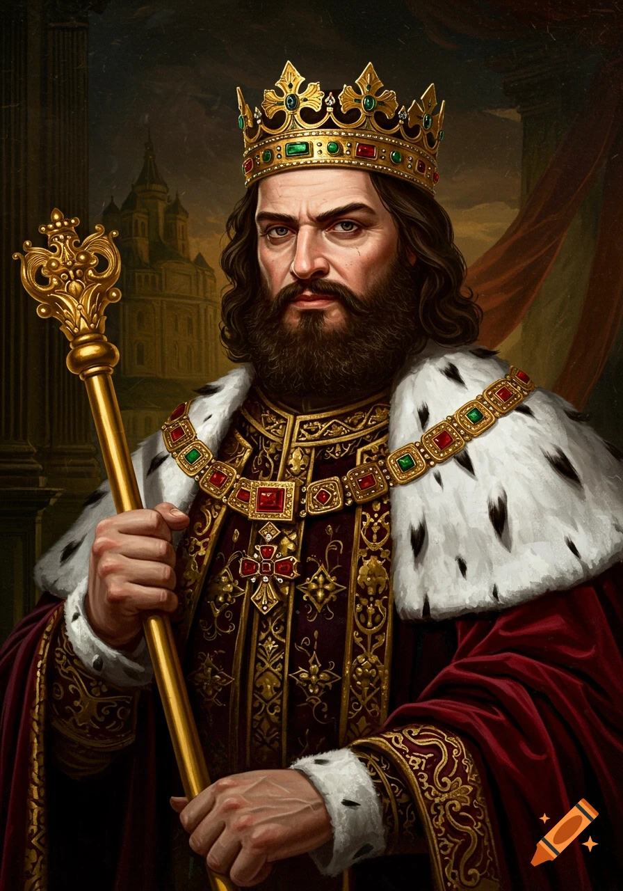 A bearded king in royal robes, crown, and scepter