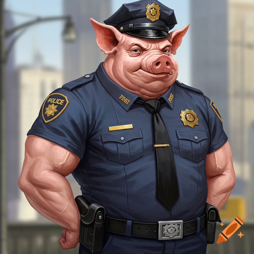 A muscly pig dressed as a police officer.