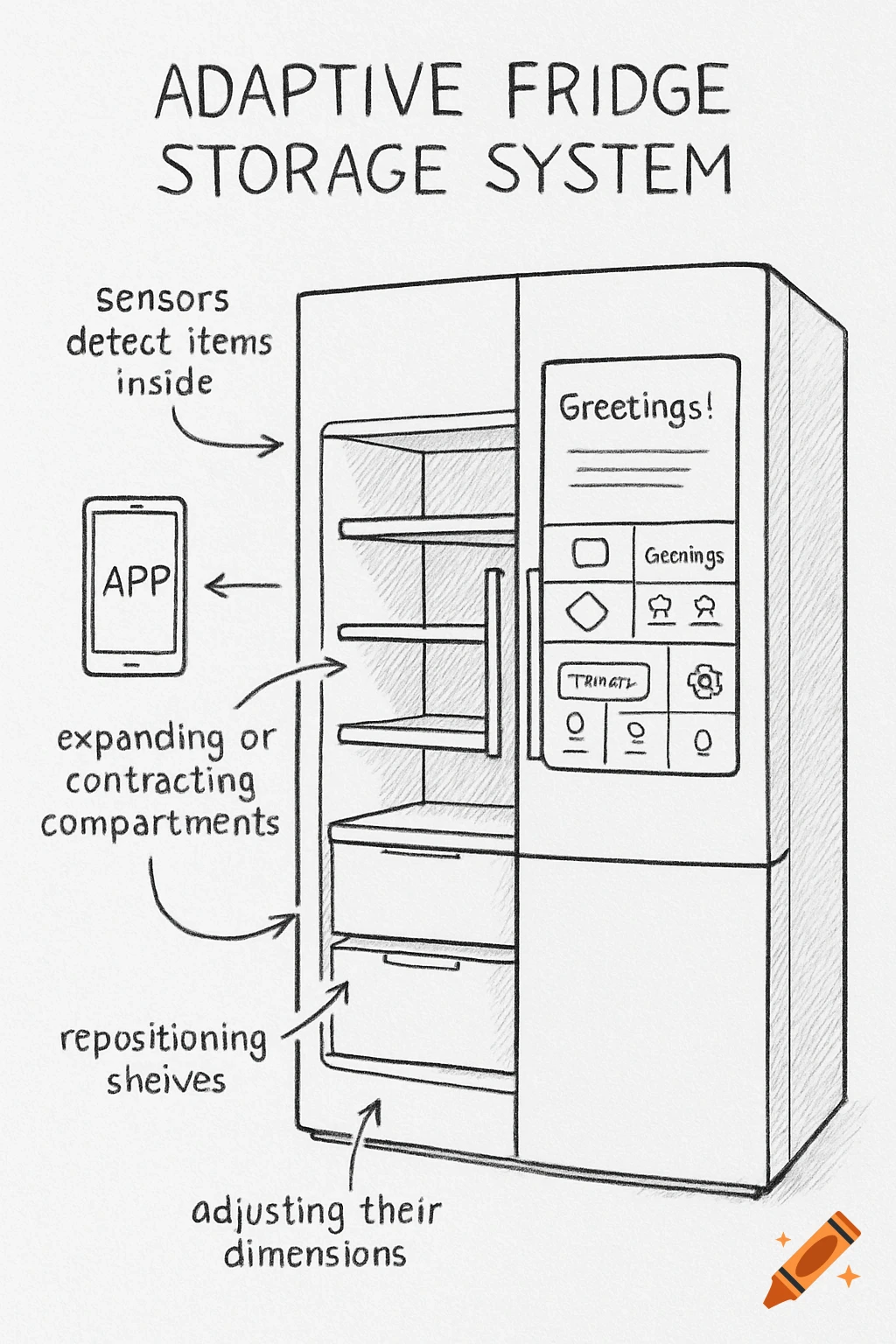Sketch illustration of an adaptive fridge storage system showing sensors, app control, and adjustable compartments and shelves.
