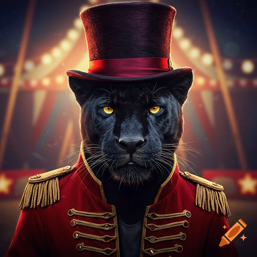 A black panther dressed as a ringmaster in a top hat and red coat, standing in a circus.