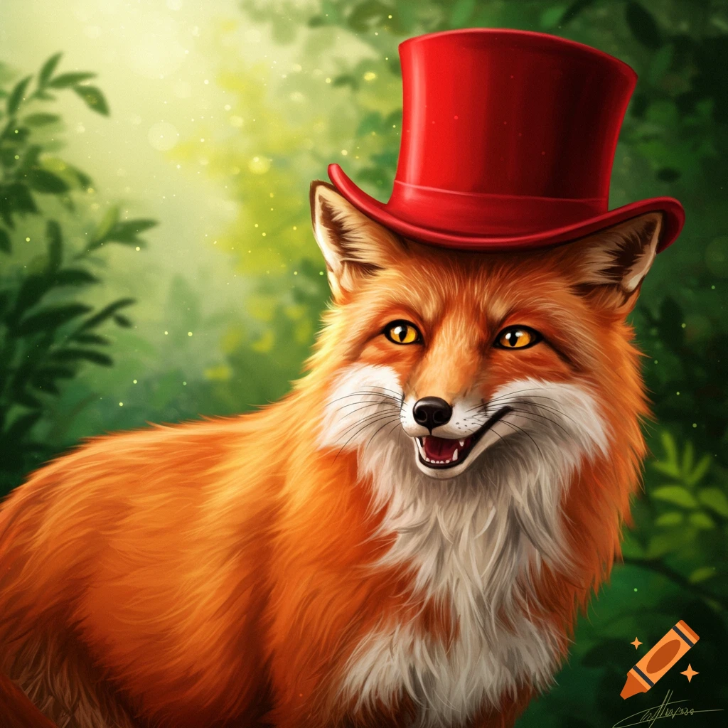 A fox wearing a red top hat in a forest.