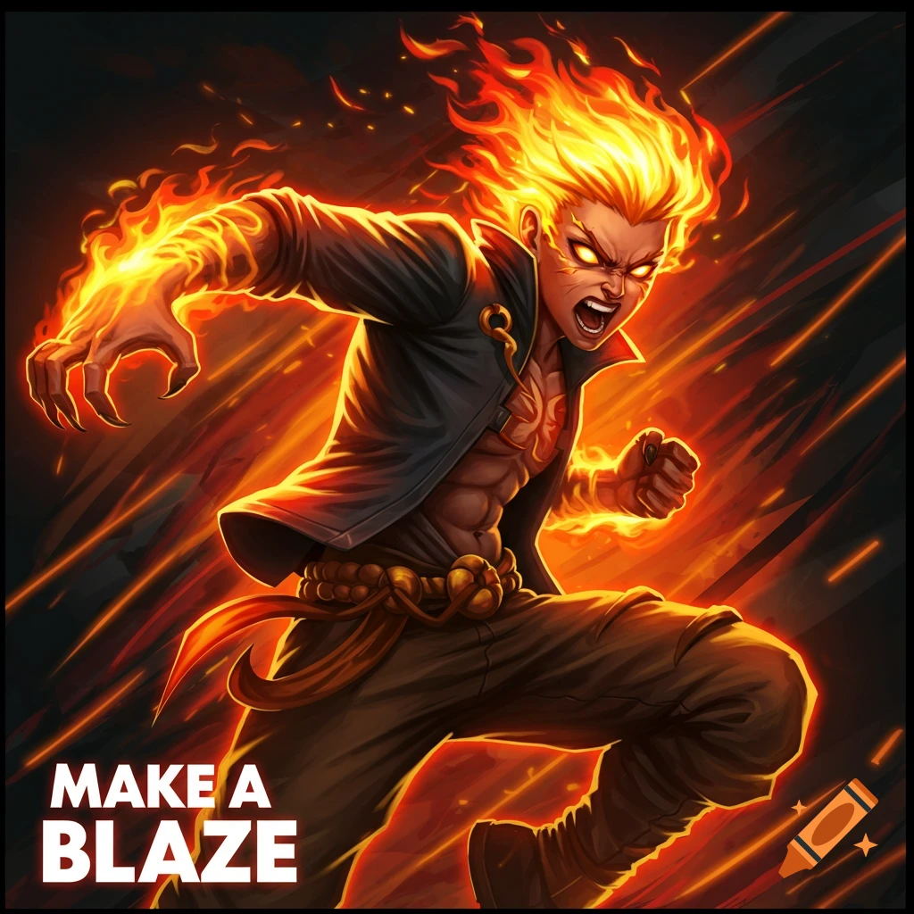 A man with fire hair and arms, text says MAKE A BLAZE.