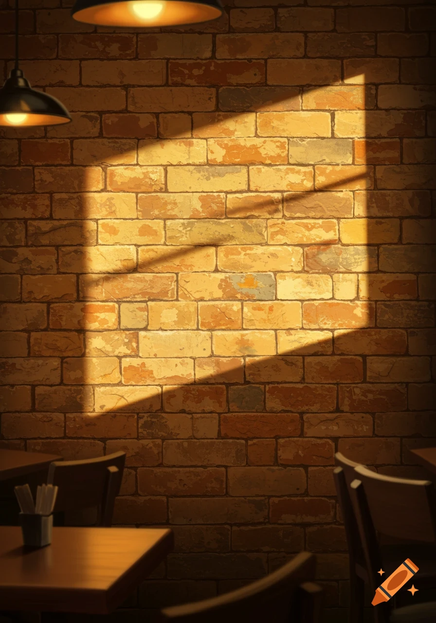 Sunlight shines on a brick wall in a painting of a cafe interior.