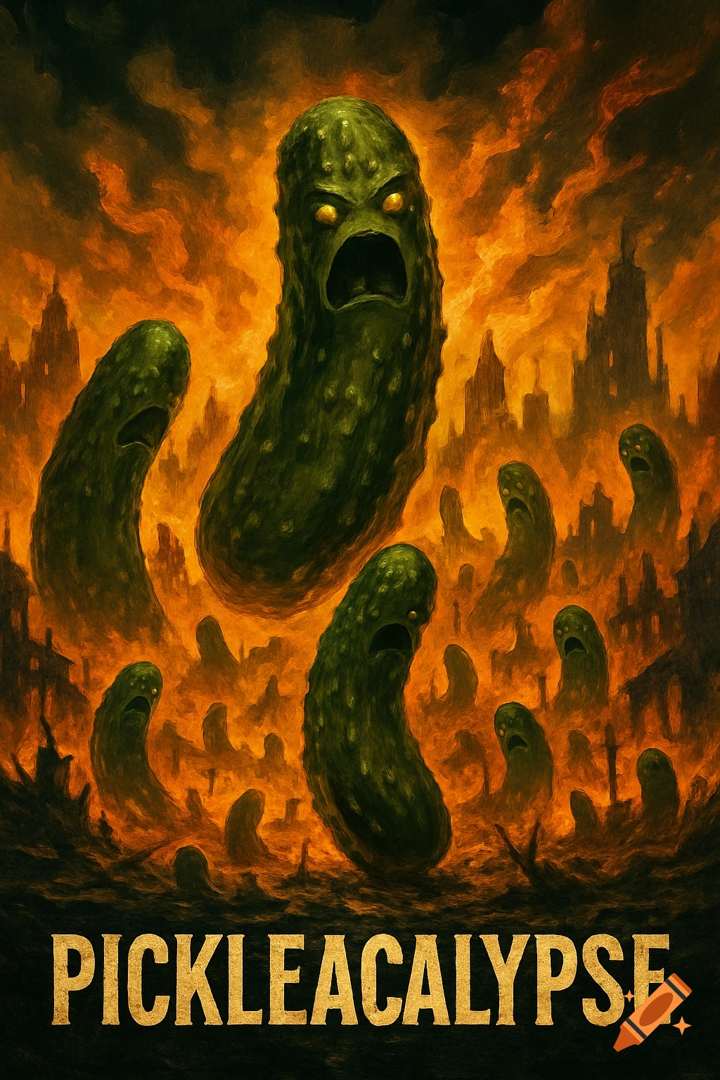 Monstrous pickles are depicted in a fiery apocalypse with the title 'PICKLEACALYPSE'.
