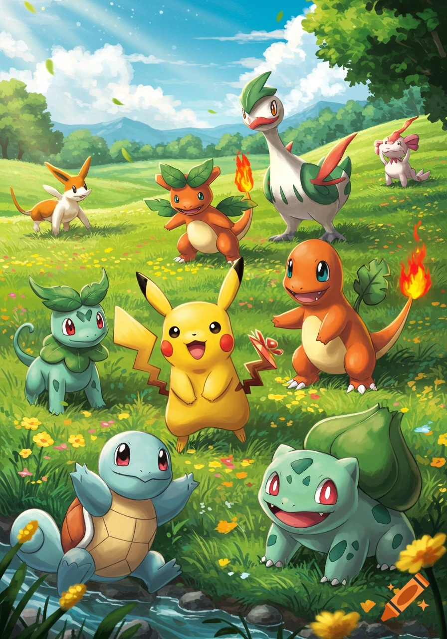 A group of Pokémon characters stand in a sunny, grassy field with flowers.