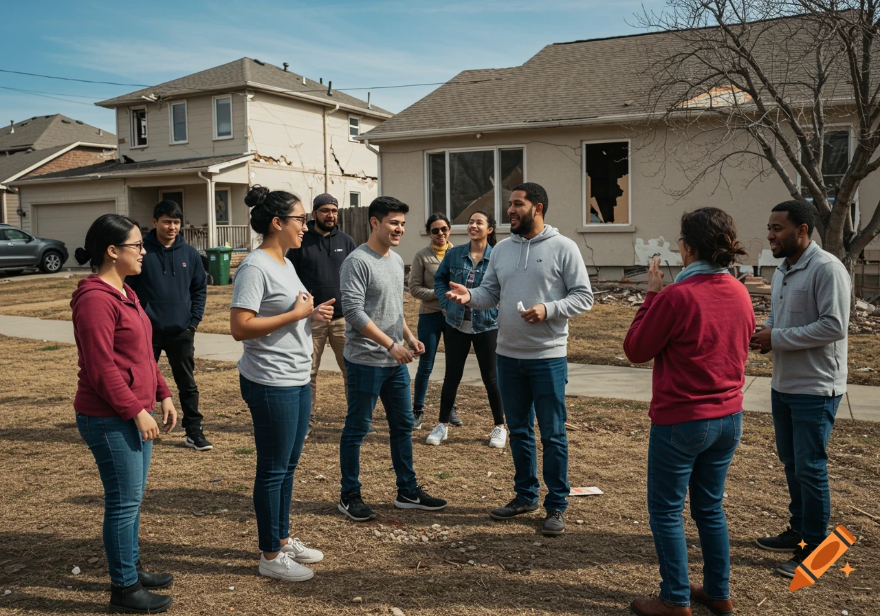 A group of people stand outside damaged houses, appearing to discuss the scene.