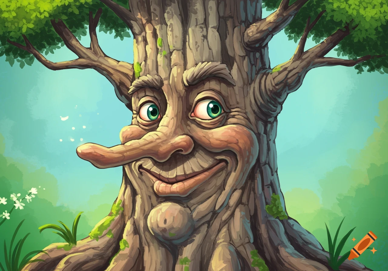 A cartoon tree with a smiling face and a long nose is shown in a landscape.