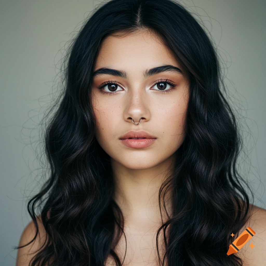 A close-up photorealistic portrait of a young woman with long dark wavy hair and a septum piercing.