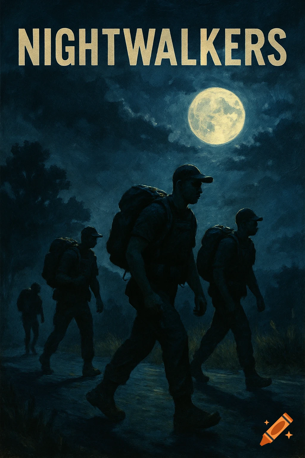 Four figures with backpacks walking under a full moon at night. Text says NIGHTWALKERS.