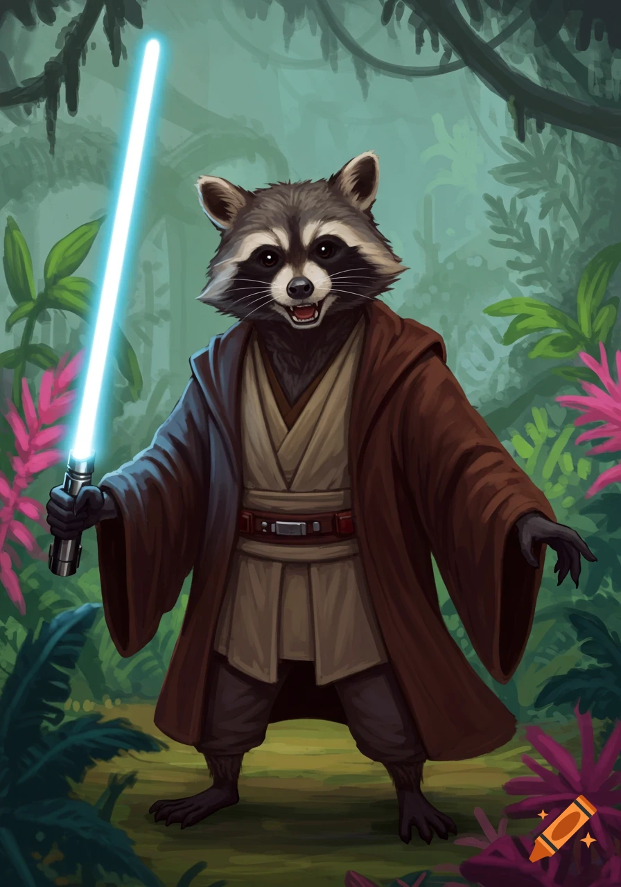 A raccoon dressed as a Jedi holding a blue lightsaber in a forest.