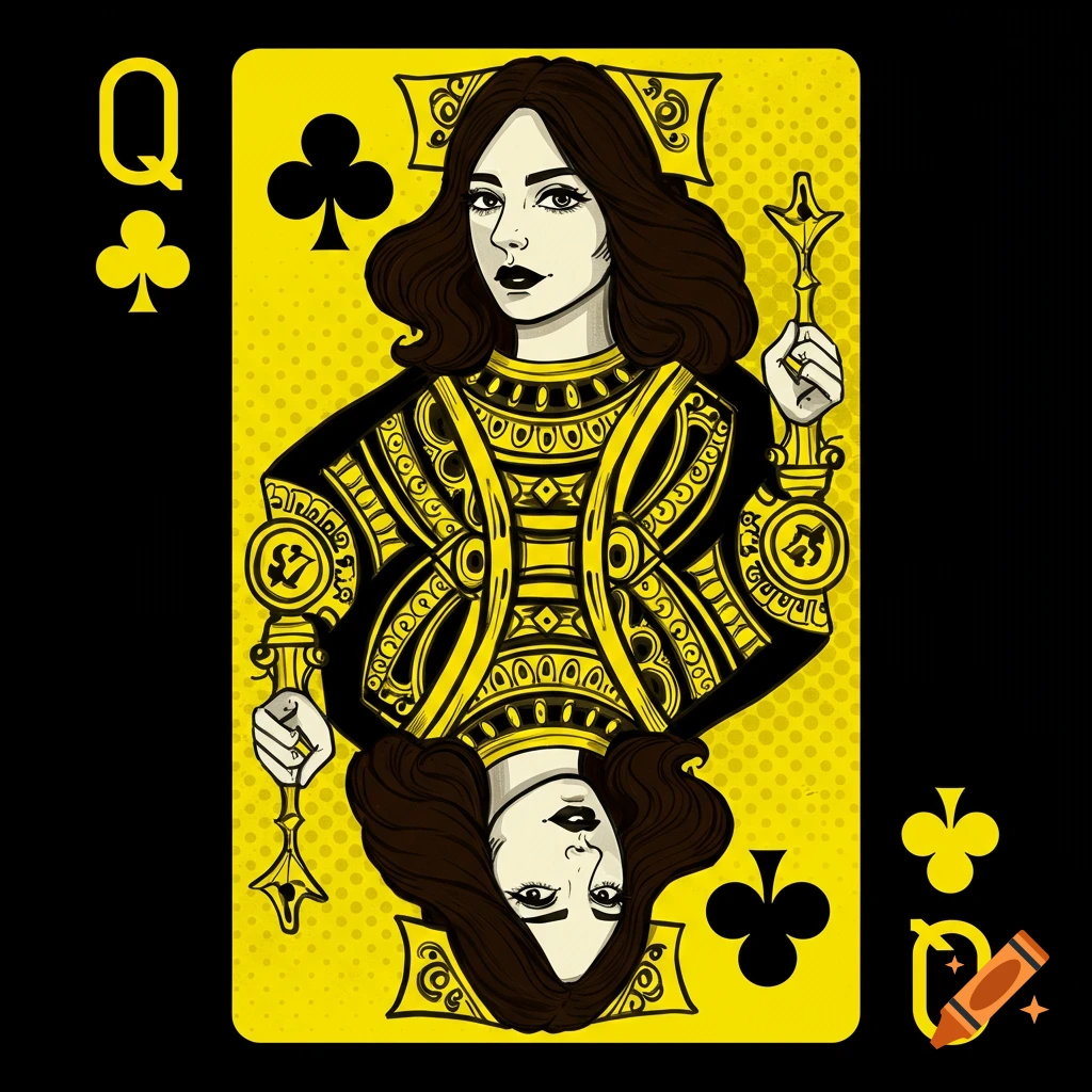 Stylized illustration of the Queen of Clubs playing card in yellow and black pop art style.