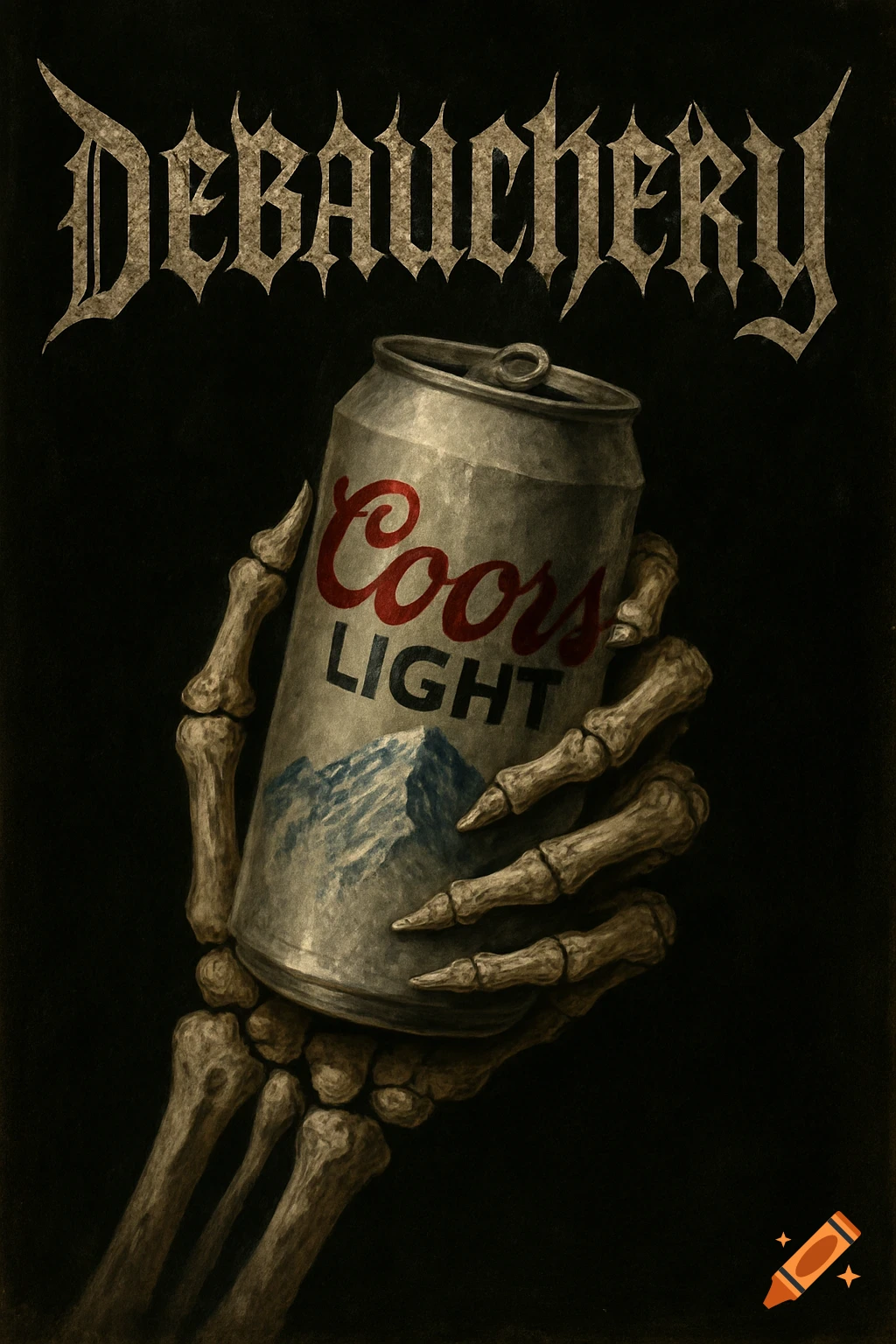 A skeleton hand holds a Coors Light can with 'DEBAUCHERY' text above in a dark style.