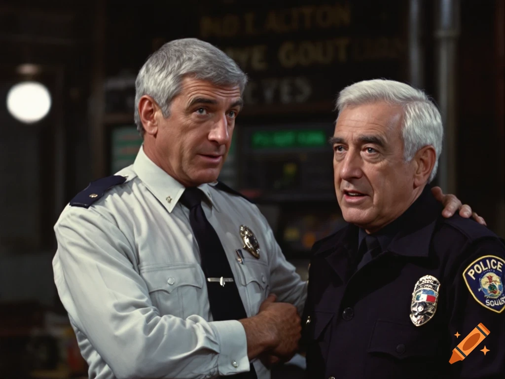 Two men in police uniforms, one with his arm on the other's shoulder. Photorealistic style.
