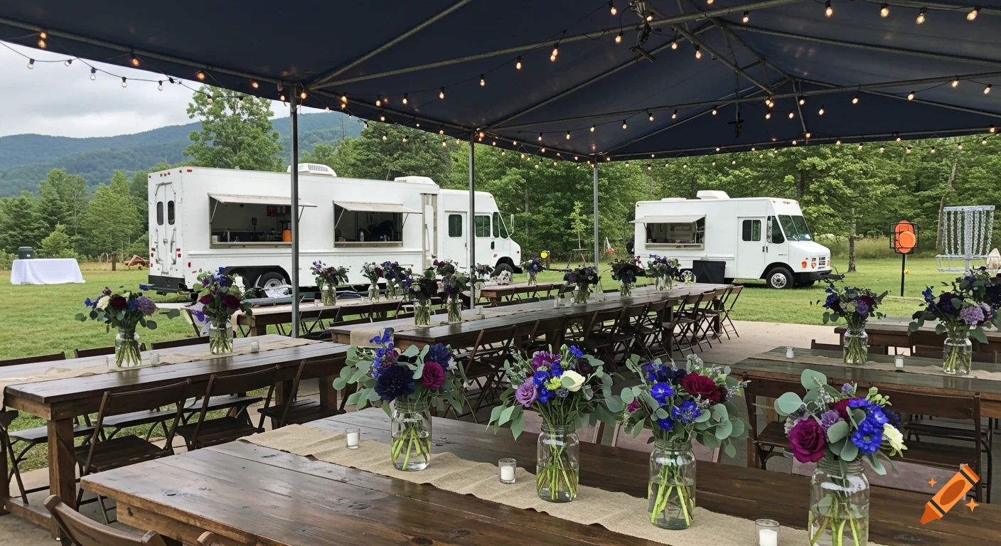 Outdoor wedding reception setup with food trucks, decorated tables, and string lights under an awning.