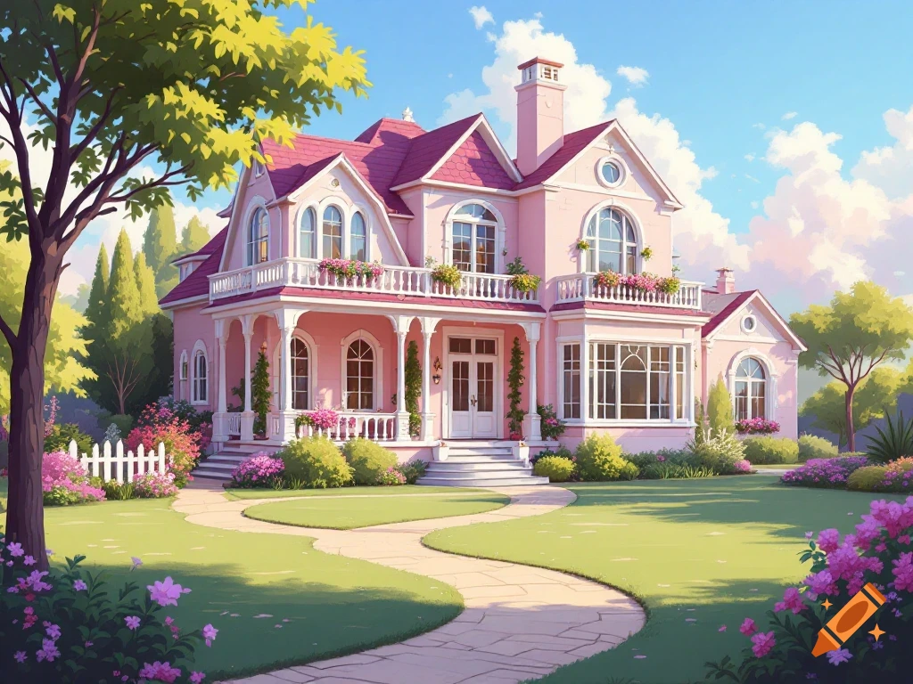 A large pink house with a red roof and white trim, set in a lush green garden with colorful flowers under a sunny sky.