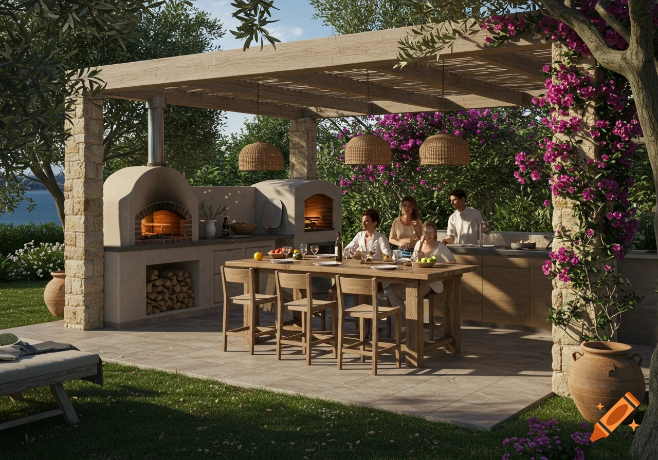 A photorealistic render of an outdoor kitchen area at a villa, featuring two pizza ovens, a dining table with people, and lush greenery.