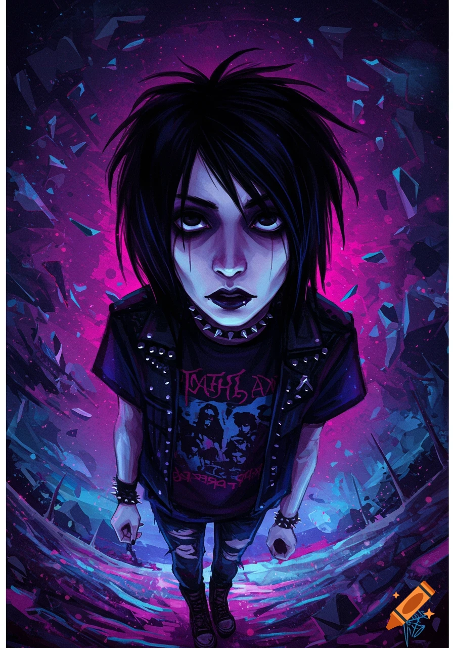 A person with dark makeup, messy black hair, ripped clothes, and a studded jacket against a neon pink and blue shattered background.