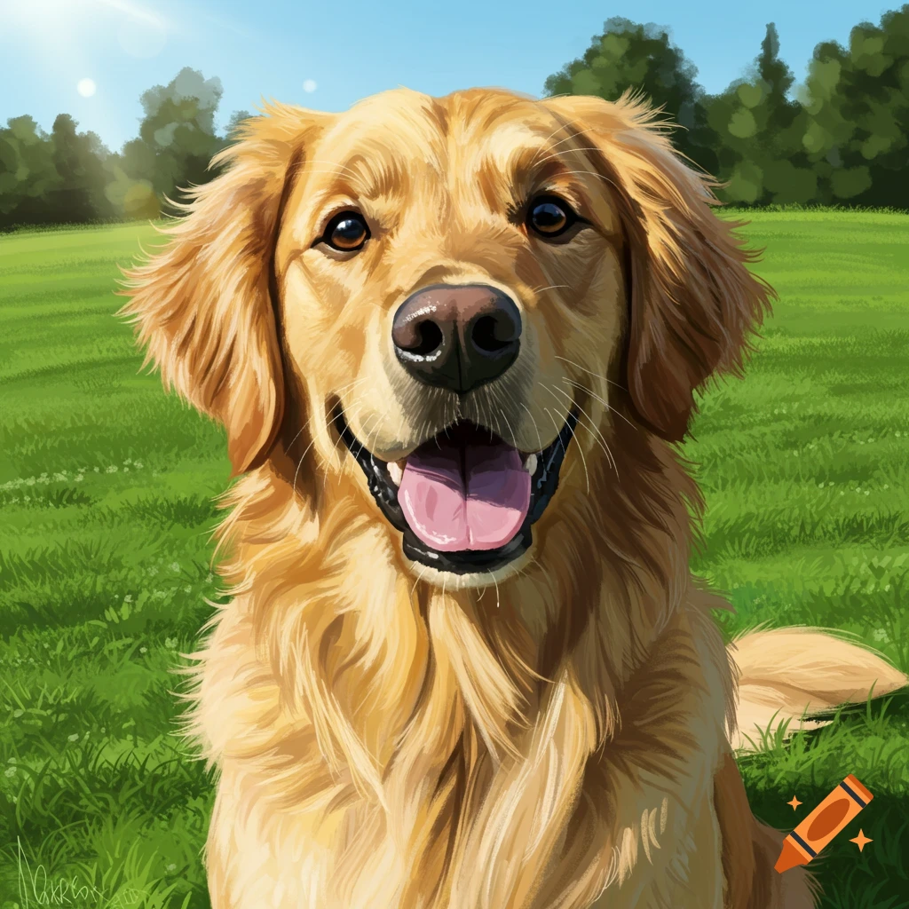Close-up of a happy golden retriever in a grassy park.