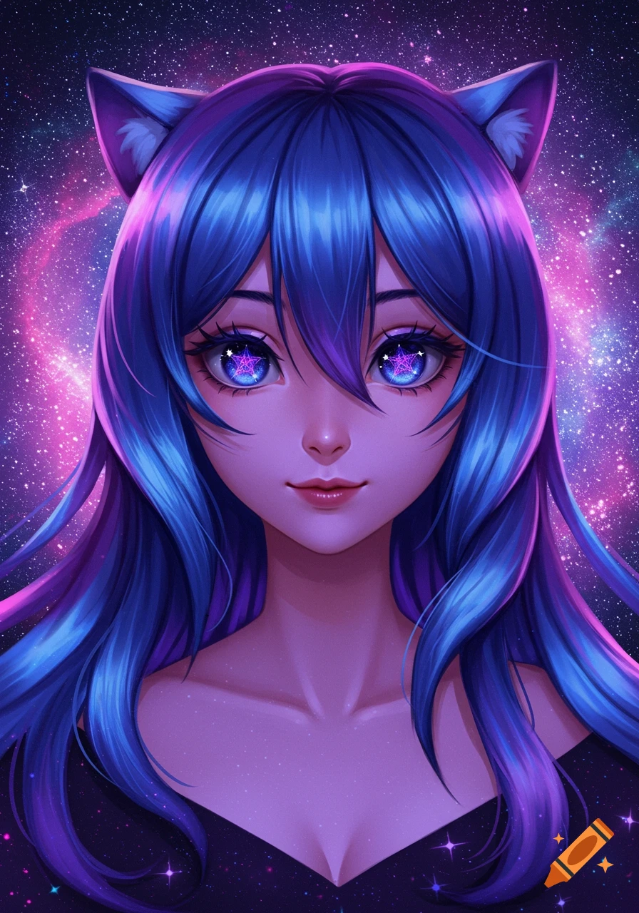 An anime portrait of a girl with blue hair, cat ears, and starry eyes against a galaxy background.