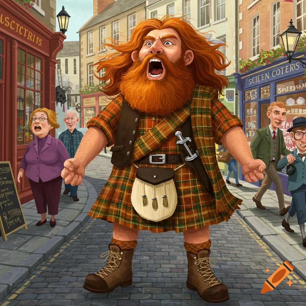A cartoonish illustration of a red-haired Scottish man shouting loudly in a cobbled street, wearing a kilt and sporran.