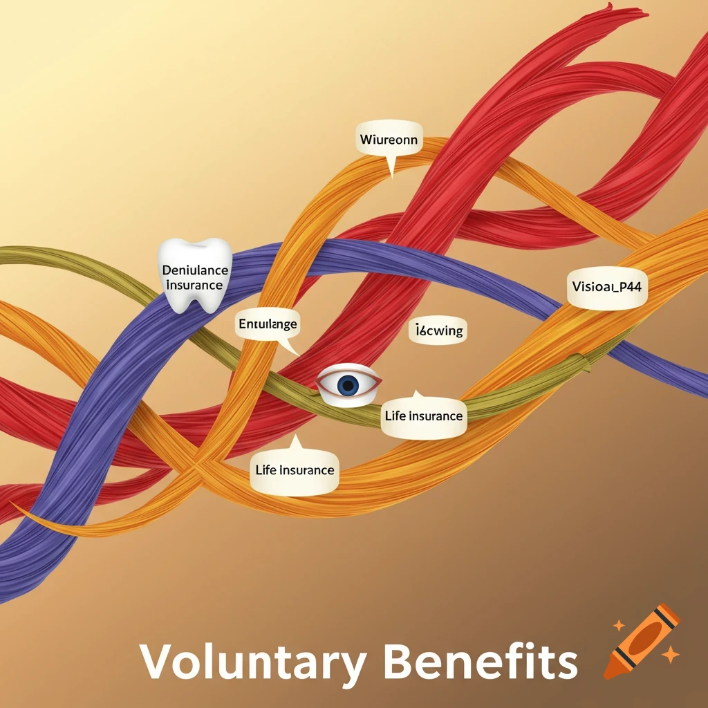 Colorful swirling ribbons with labels pointing to a tooth and an eye, with the text "Voluntary Benefits".