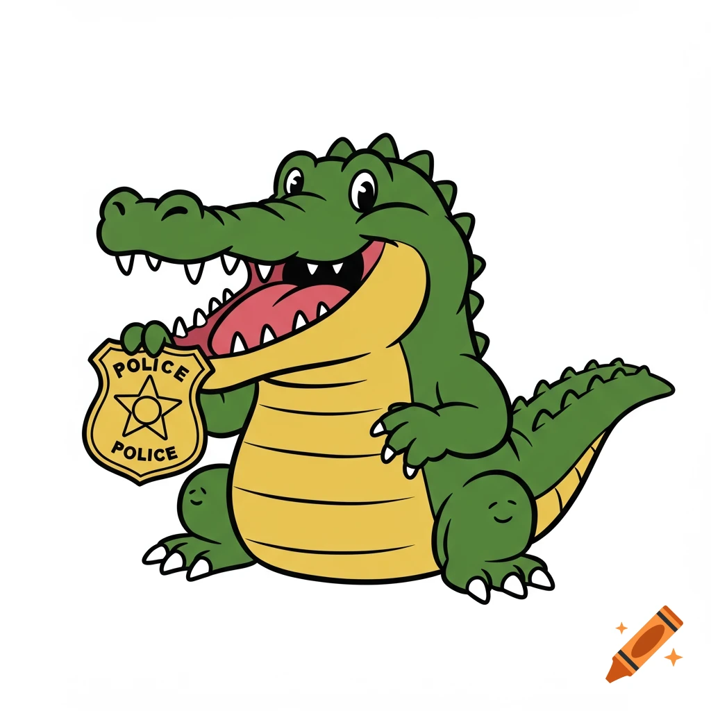 Cartoon alligator character holding a gold police badge in clip art style