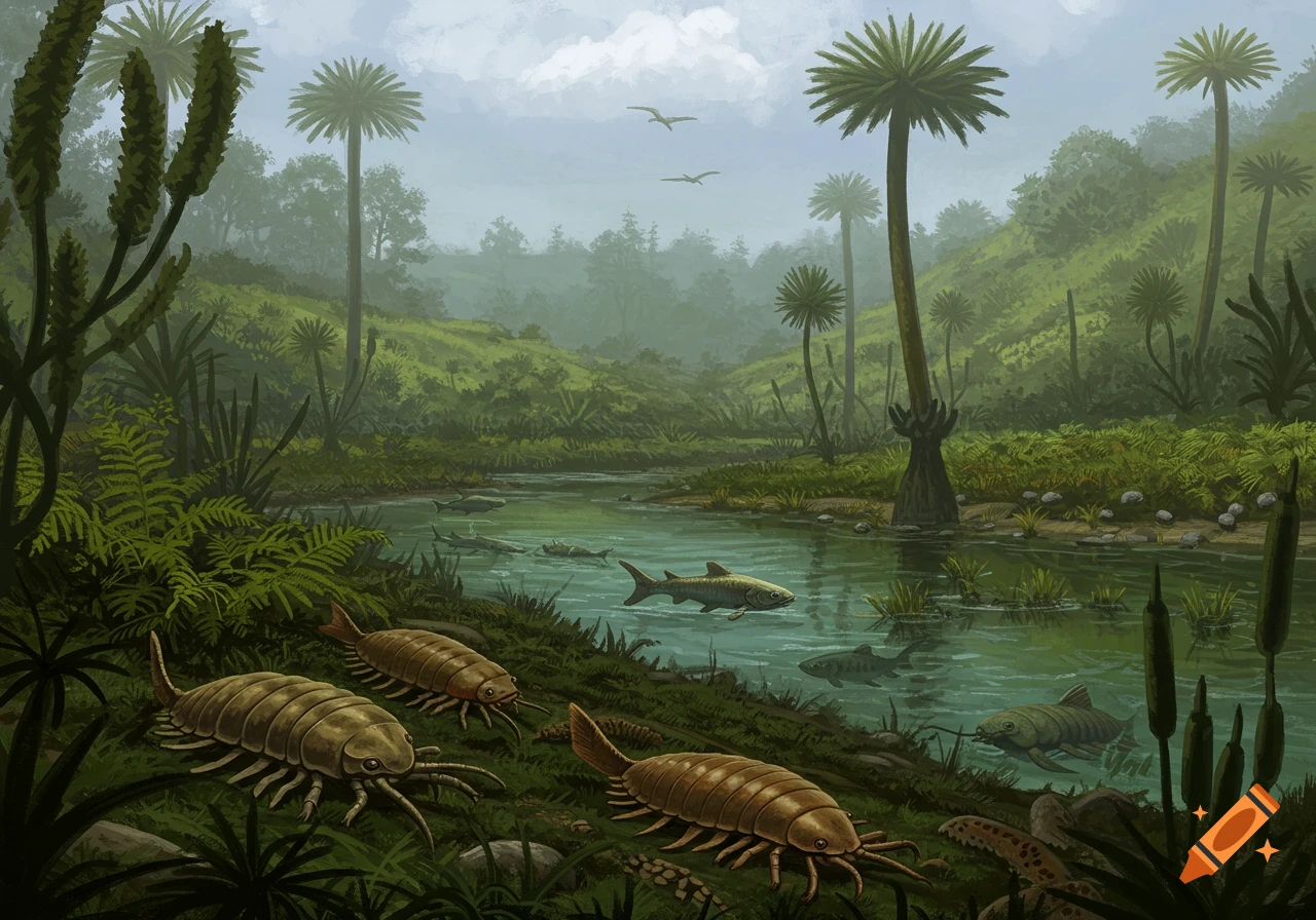 A prehistoric landscape with giant arthropods, fish in a river, and tall trees.