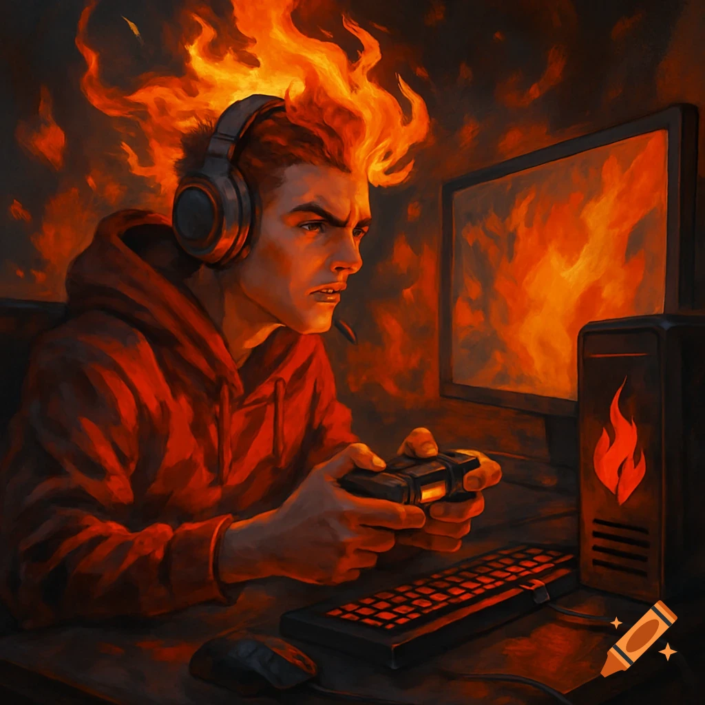A person with fiery hair playing video games intensely.