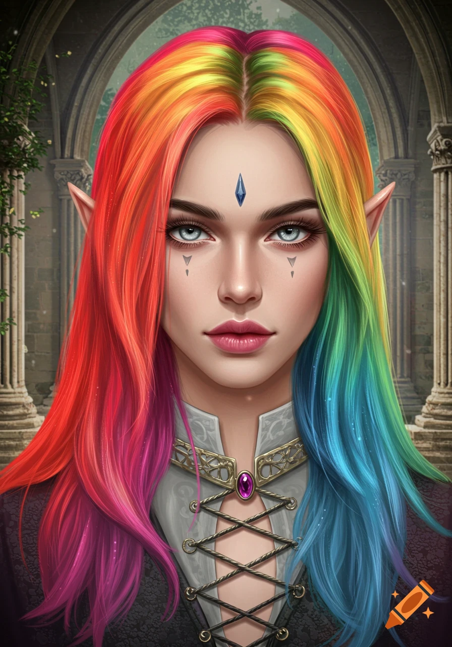 A fantasy elf with rainbow hair.