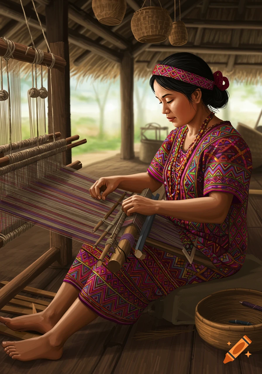 A woman in traditional dress weaves on a loom in a workshop.