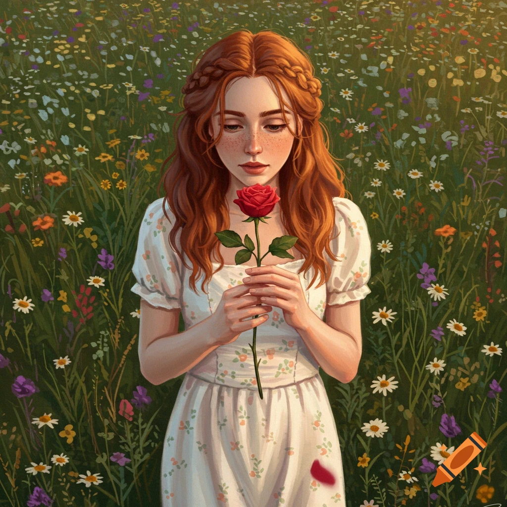 A red-haired woman holding a red rose in a field of wildflowers.
