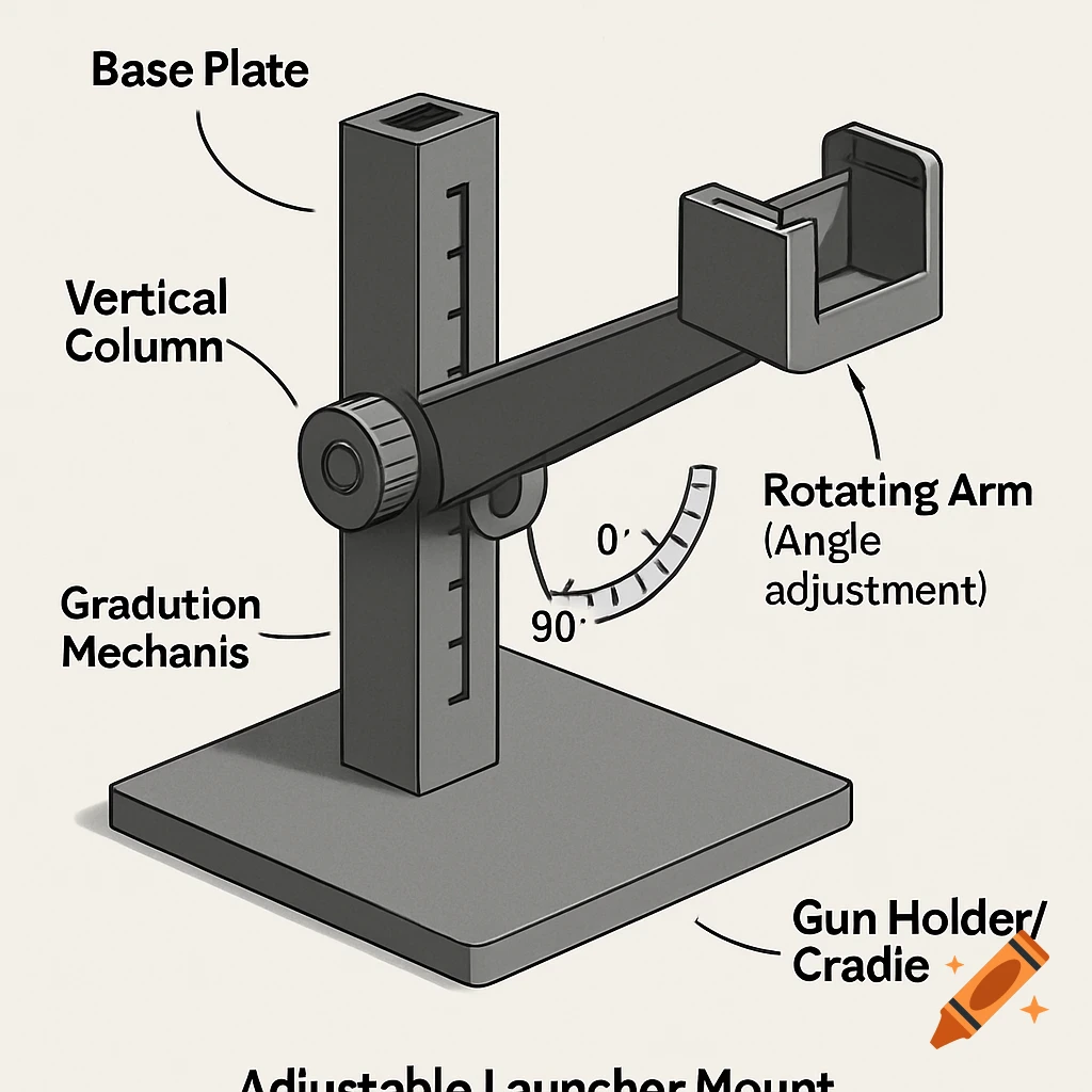 Illustration of an adjustable launcher mount with parts labeled: Base Plate, Vertical Column, Rotating Arm, Gun Holder/Cradle, Angle adjustment.