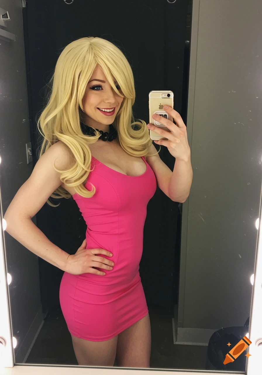 A blonde woman in a pink dress smiles while taking a mirror selfie.