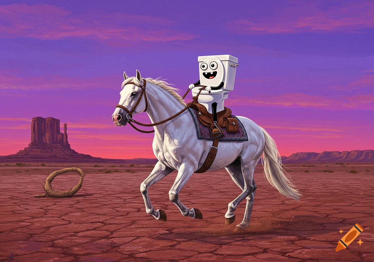 A cartoon toilet with a face rides a white horse through a desert landscape at sunset. Mountains and a tumbleweed are in the background.