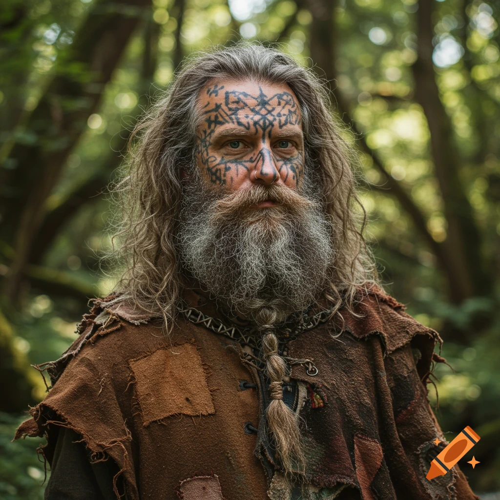 Portrait of a person with face tattoos, long beard, and rustic clothing in a forest.