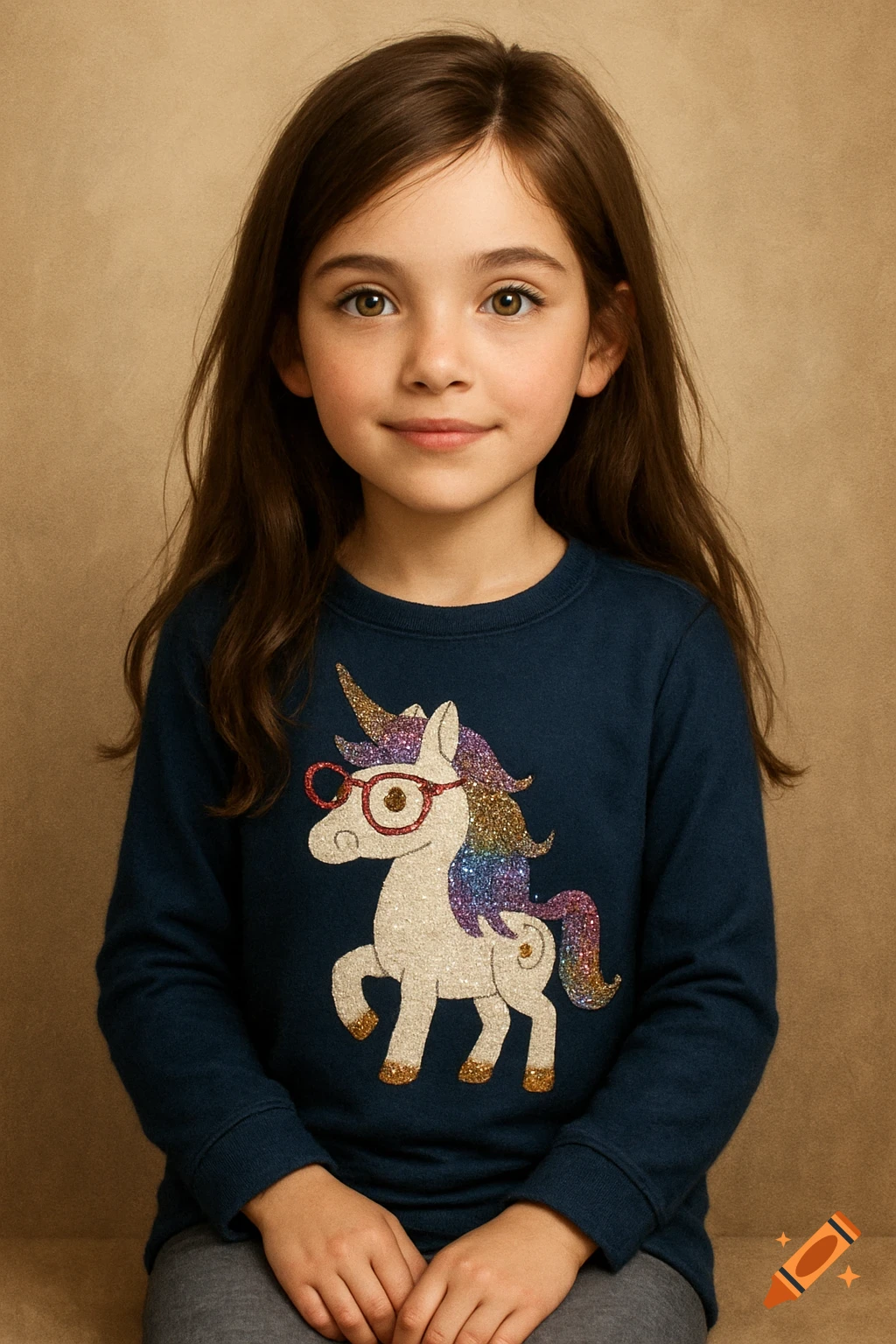 A young girl with long brown hair wearing a navy shirt with a sparkly unicorn.