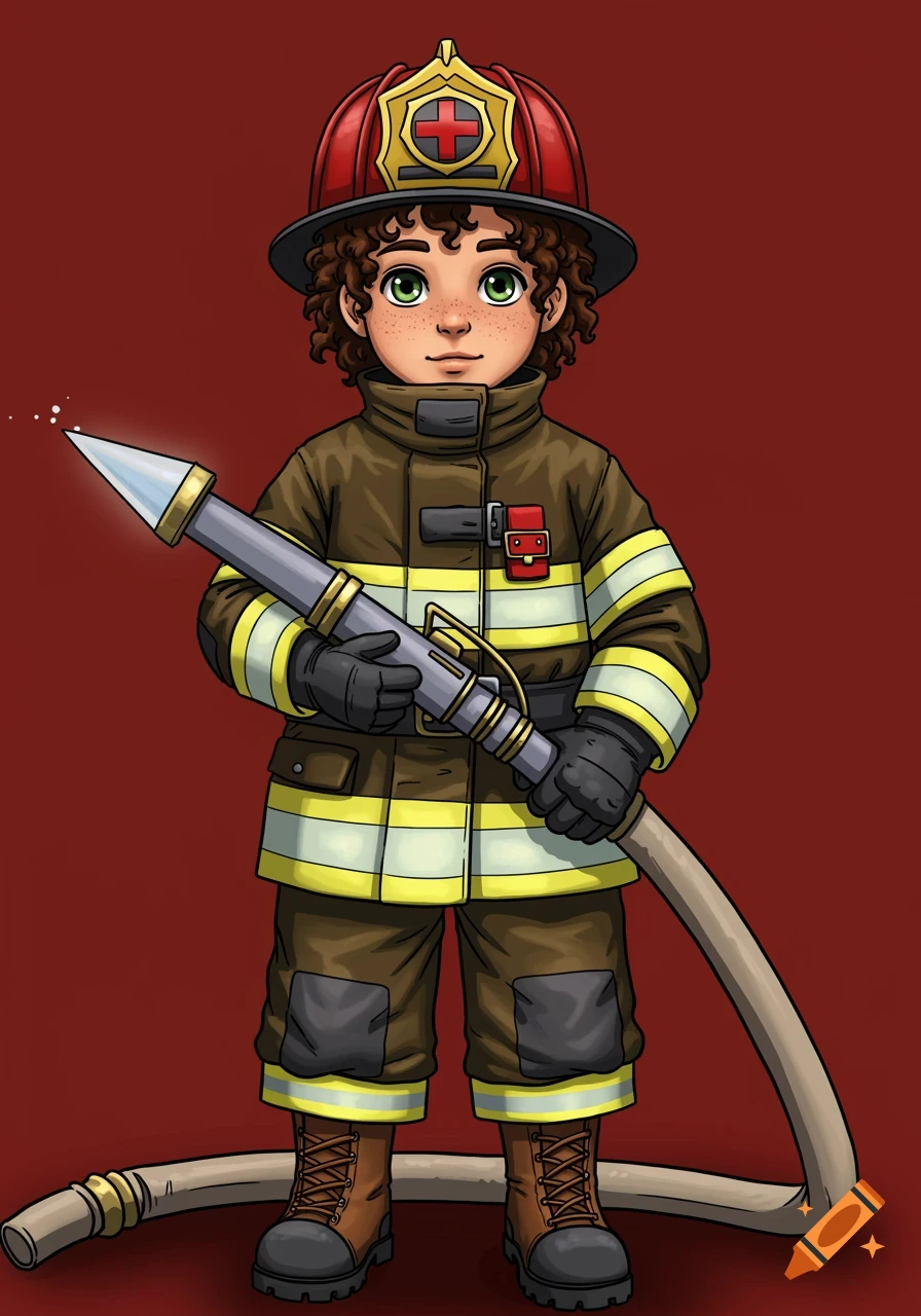 Illustration of a young boy in a fireman suit holding a fire hose.