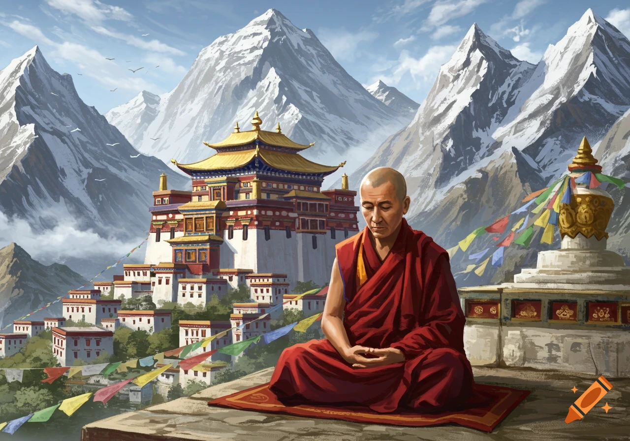A monk meditating in front of a monastery in the mountains.