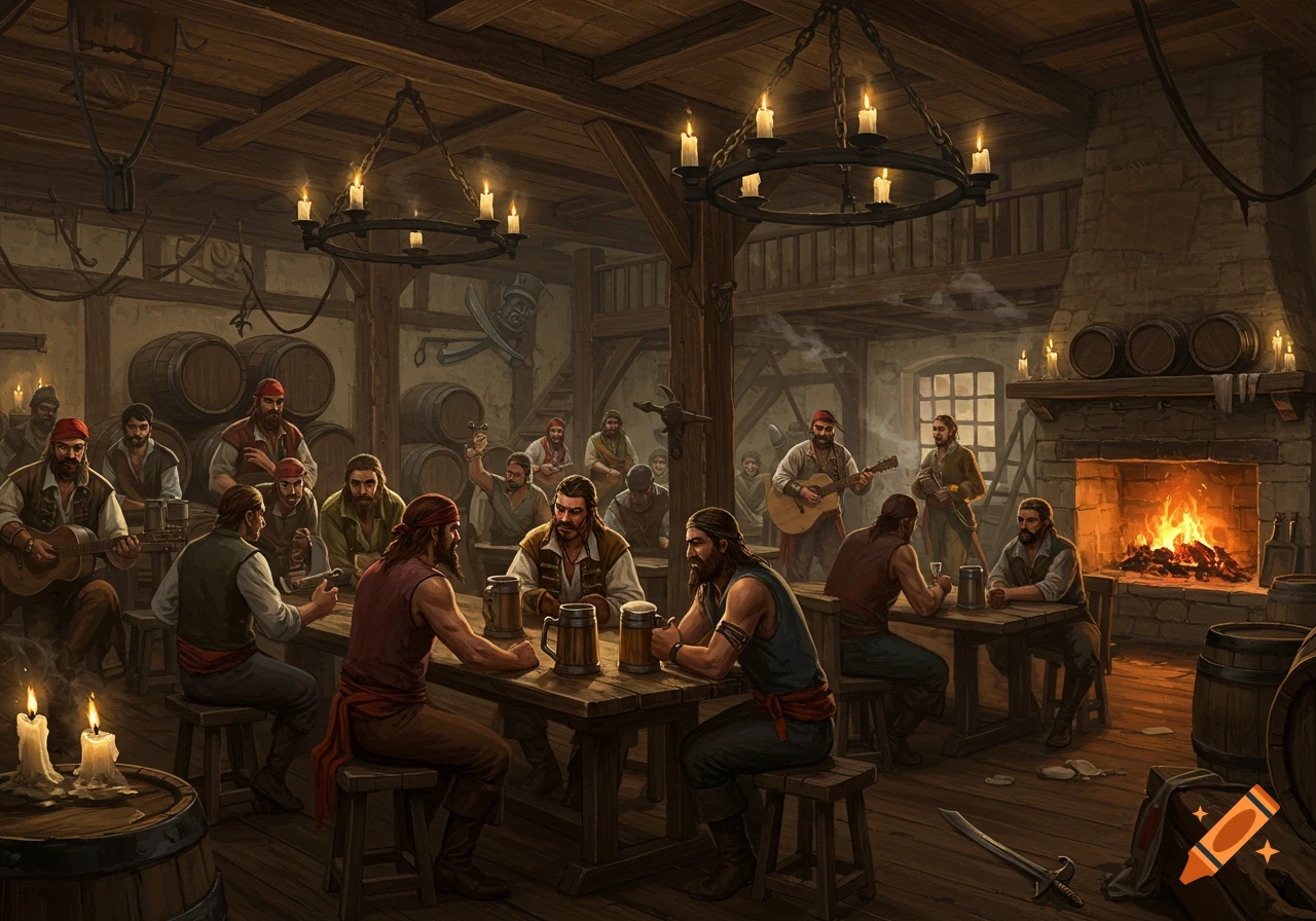 Men are drinking and playing music in a medieval pirate tavern.