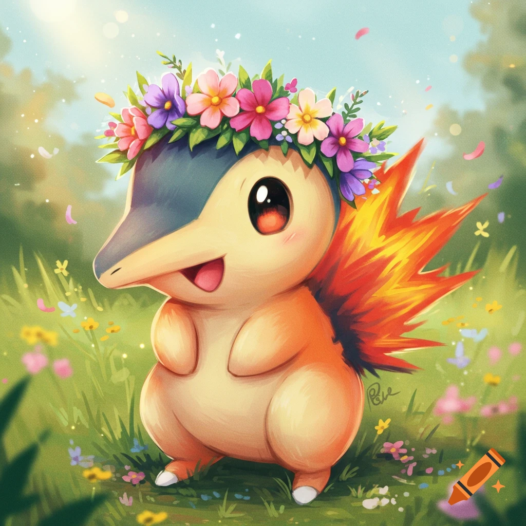 A cute cartoon Cyndaquil wearing a flower crown stands in a sunny, grassy field with flowers.