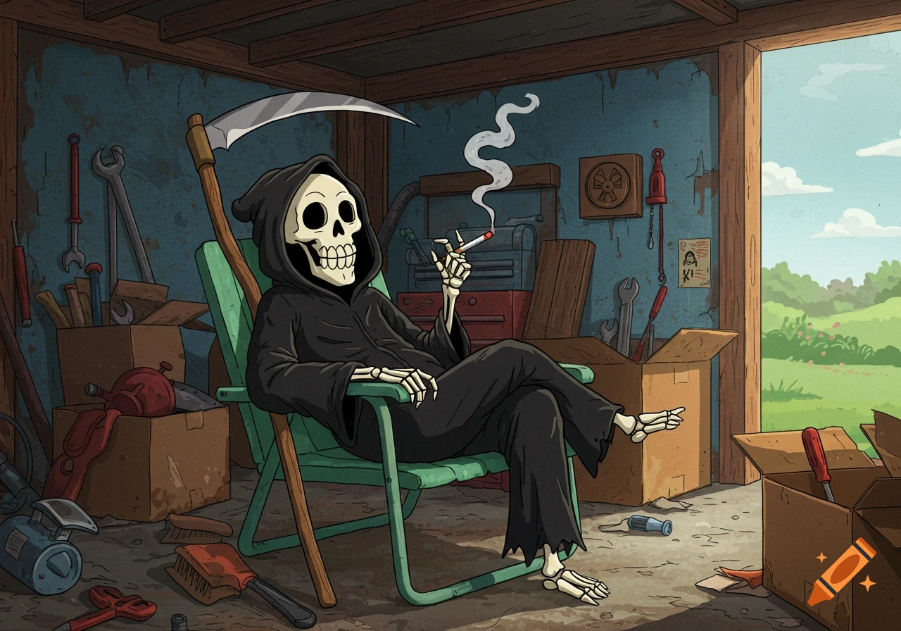 Cartoon Grim Reaper sits in a lawn chair and smokes a cigarette in a messy garage.