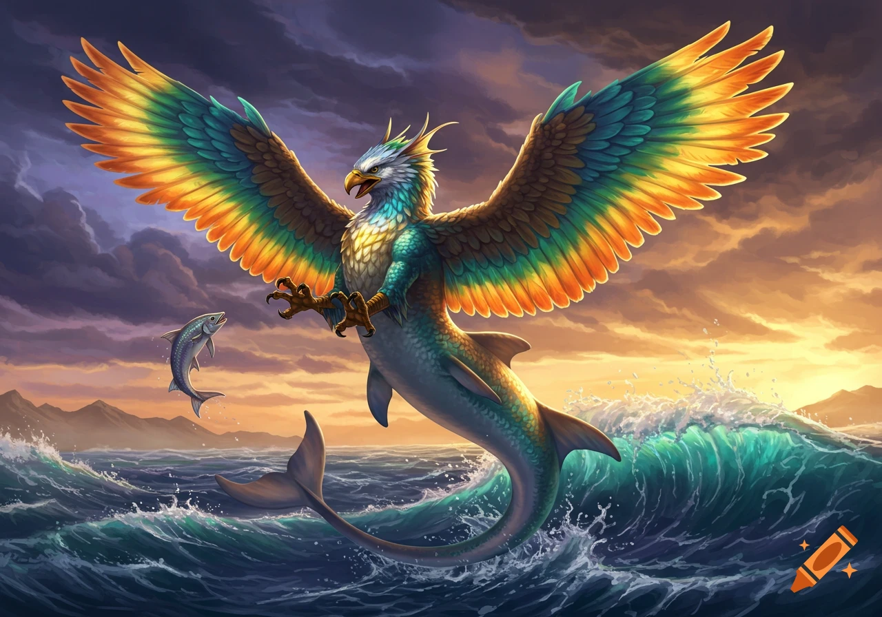 A sea-griffin with colorful wings flies over the ocean, reaching for a fish.