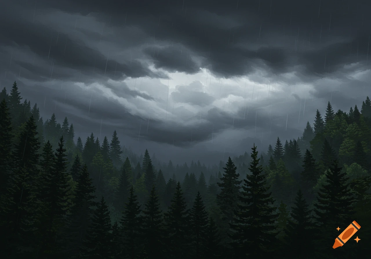 A dark forest under a stormy, rainy sky.