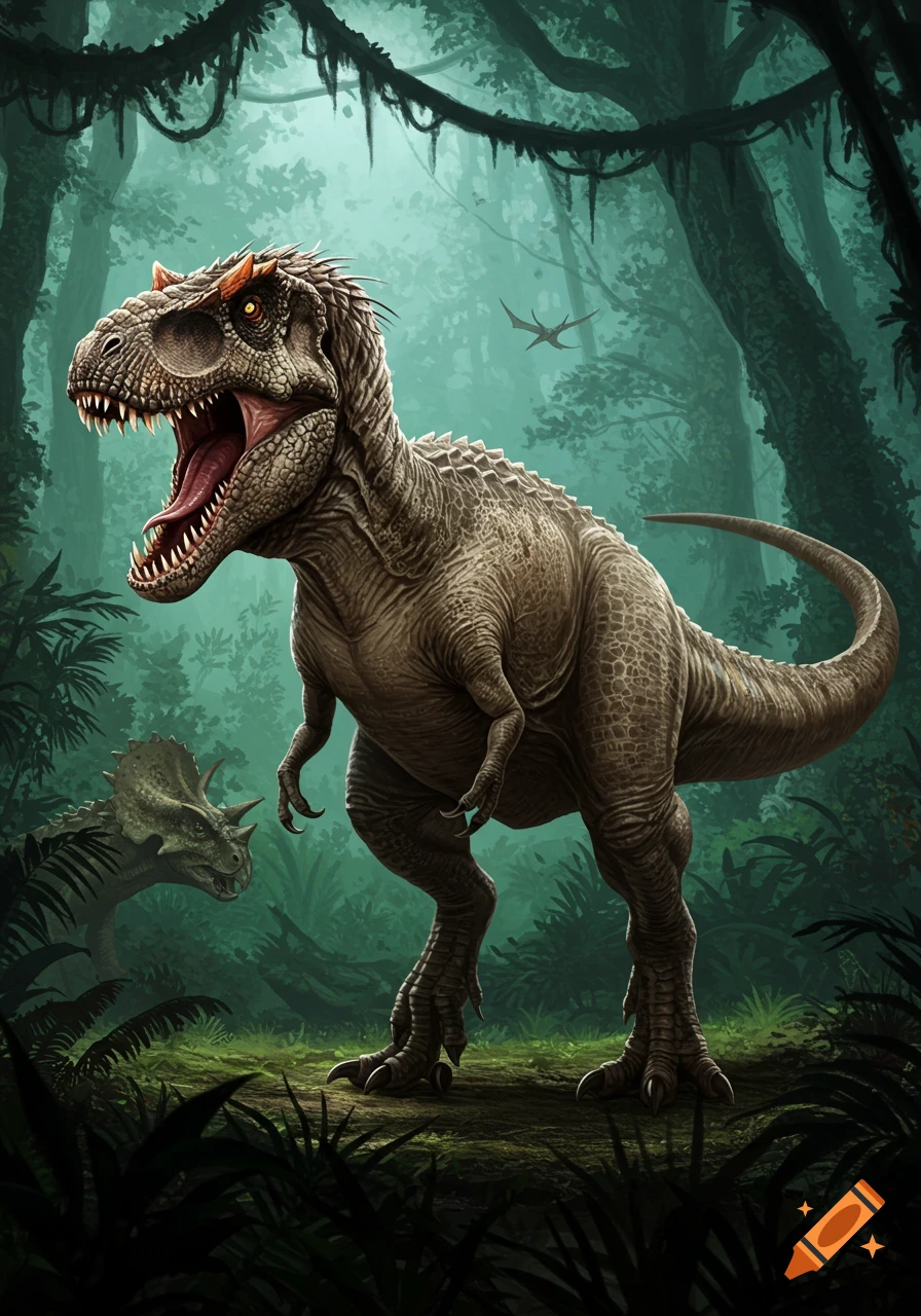 A large dinosaur roaring in a lush jungle. A Triceratops and a flying creature are visible in the background.