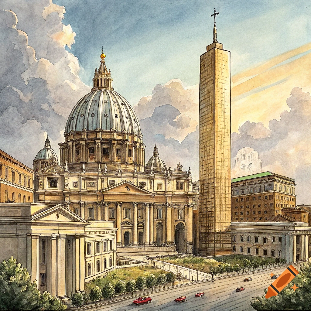 Watercolor cityscape with a grand dome building and a tall golden tower, cars on a road.