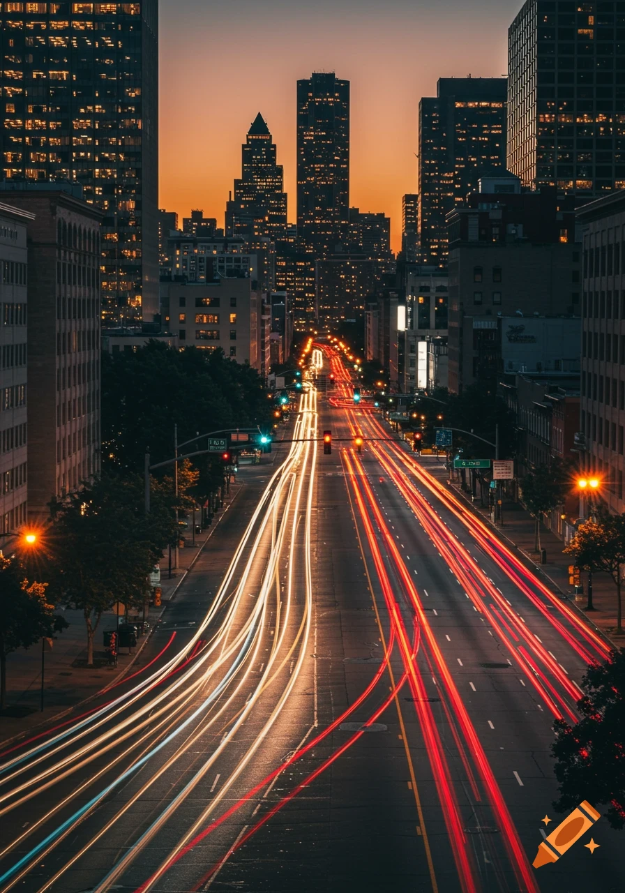 City street at night with long exposure light trails from traffic