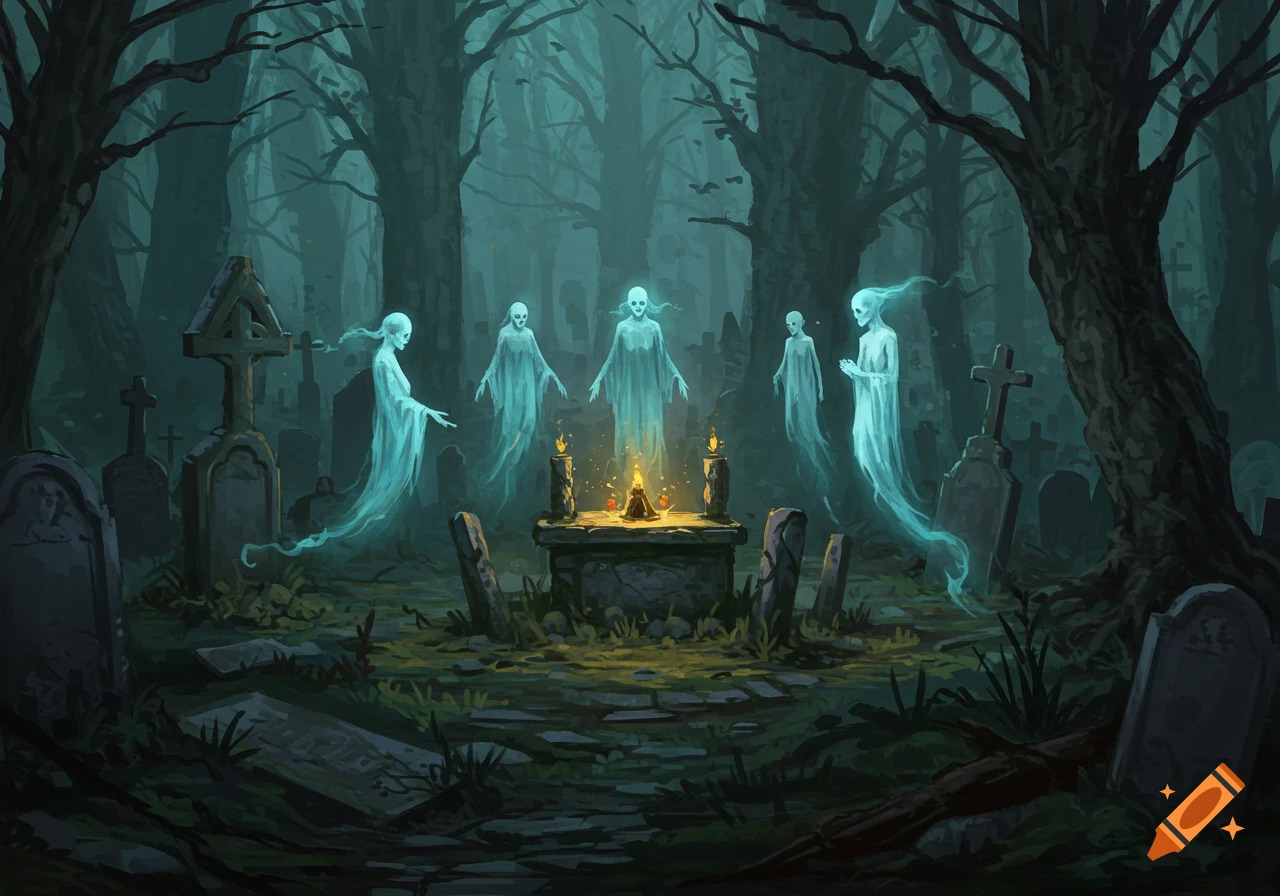 Ghosts performing a ritual in a dark, misty cemetery.