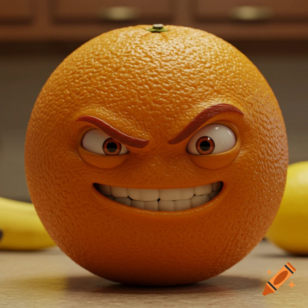 A 3D render of the Annoying Orange character with a sinister grin.