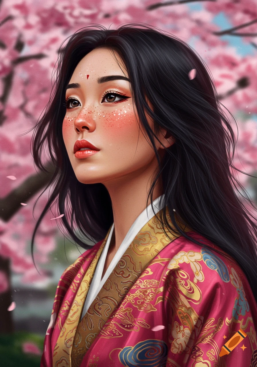 A woman in a pink and gold kimono with cherry blossoms.